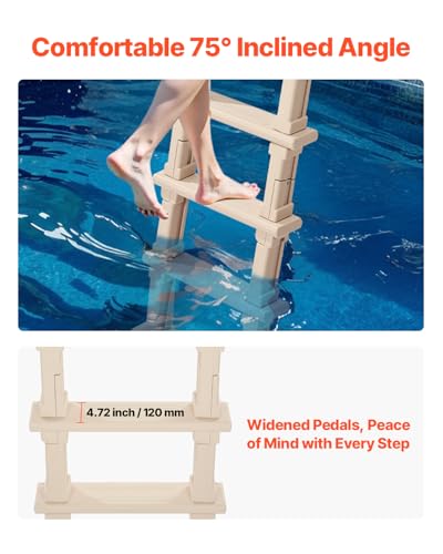 Escalera para piscina, escalera inclinada de 5 escalones con barandillas dobles, escalón antideslizante y resistente, capacidad de carga de 300 libras, para piscinas enterradas y sobre el suelo Polietileno (PE)