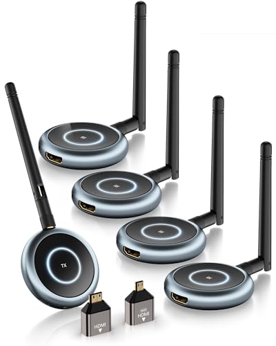 TIMBOOTECH Transmisor HDMI inalámbrico y 4 receptores, Plug and Play, extensor inalámbrico HDMI de 5.8 G para PC, laptop, caja de TV, cámara para múltiples televisores, monitores,