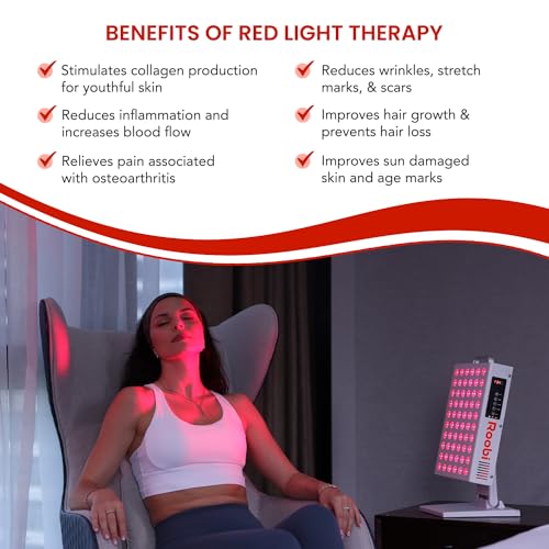 Roobi Terapia de luz roja 660nm 850nm infrarrojo cercano, doble chip parpadeo libre LEDs, soporte ajustable, 60 LED, grado clínico para energía, dolor, piel, recuperación, rendimiento.