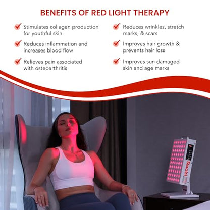 Roobi Terapia de luz roja 660nm 850nm infrarrojo cercano, doble chip parpadeo libre LEDs, soporte ajustable, 60 LED, grado clínico para energía, dolor, piel, recuperación, rendimiento.