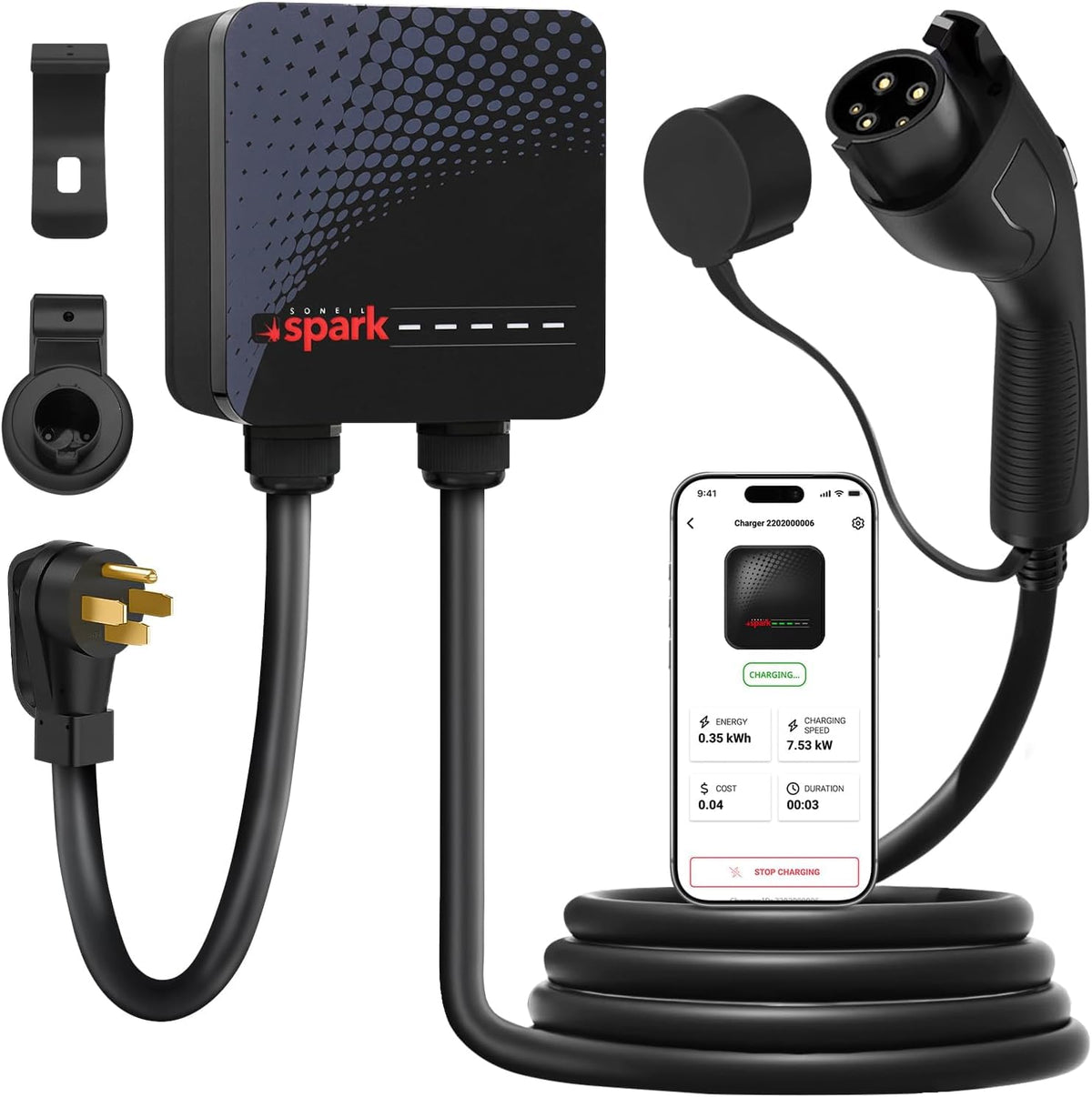 Cargador EV de nivel 2, 40 A, 240 V, cargador doméstico montado en la pared con enchufe NEMA 14-50, conector J1772, cable de carga de 24.6 ft, WiFi mejorado y control inteligente de aplicaciones