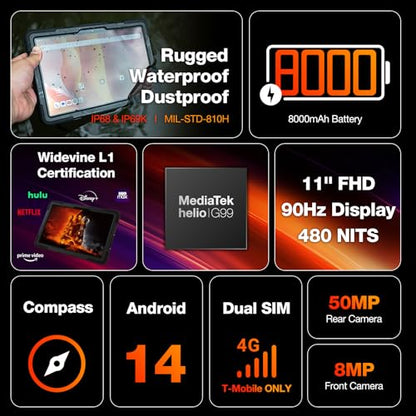 AGM PAD P2 Active Rugged Android 14 Tablet con funda, impermeable y a prueba de caídas, certificado Widevine L1 y GMS, pantalla FHD 480 NITS de 11 pulgadas, 90 Hz, MTK G99, 8000 mAh, 16 (8+8) + 256 GB