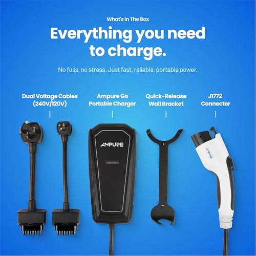 AMPURE Go 1 - Cargador portátil de nivel 2 para vehículos eléctricos, 32 A, enchufe NEMA 14-50 de 120/240 V, SAE J1772, certificado UL, interior/exterior, hogar/viaje compatible con todos los vehículos eléctricos y PHEV -CSG1SAE-032016