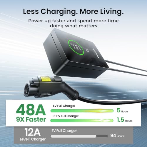 GRASSIDE NECS-ACW-11.5-1-US-3028 Upgraded 48 Amp J1772 & TESLA Level 2 EV Charger, 25ft Cable, Hardwired