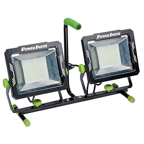 PowerSmith - Luz de trabajo LED de doble cabeza de 30.000 lúmenes con 80 pulgadas Soporte de trípode ajustable de metal y cable de alimentación con conexión a tierra de 10 pies  PWLD300T