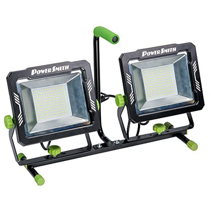 PowerSmith - Luz de trabajo LED de doble cabeza de 30.000 lúmenes con 80 pulgadas Soporte de trípode ajustable de metal y cable de alimentación con conexión a tierra de 10 pies  PWLD300T