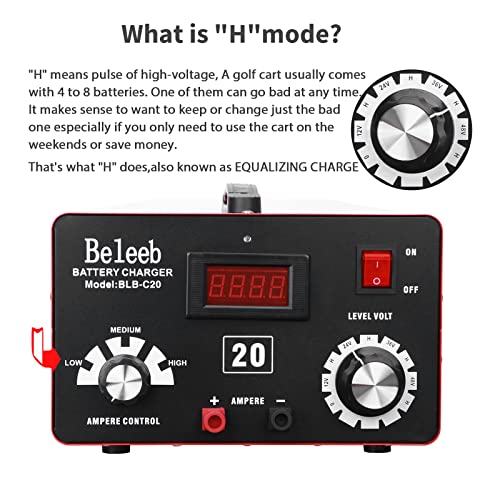 Beleeb Cargador de batería ajustable C20 12V 24V 36V 48V, 12A pulsos de alto voltaje desulfatador de batería mantenedor con chip inteligente para baterías de litio LiFePO4 de plomo-ácido BLB-C20