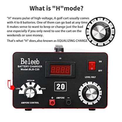 Beleeb Cargador de batería ajustable C20 12V 24V 36V 48V, 12A pulsos de alto voltaje desulfatador de batería mantenedor con chip inteligente para baterías de litio LiFePO4 de plomo-ácido BLB-C20