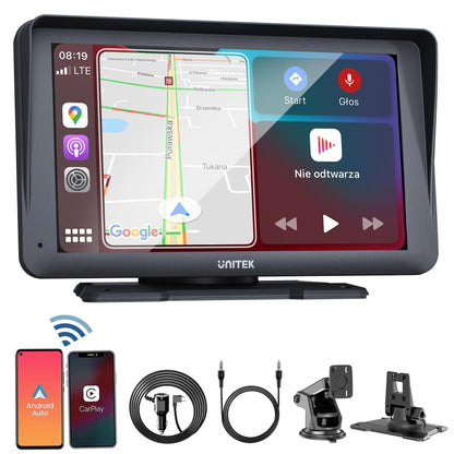 Unitek - Pantalla táctil portátil inalámbrica para coche, 7 pulgadas, compatible con Bluetooth, pantalla de Android y Apple Carplay para pantalla de coche para Carros con cámara de respaldo/navegador