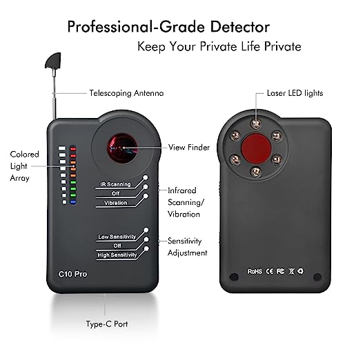 Detector de cámara C10 Pro – Detector profesional de RF de insectos Buscador de cámara oculta, barrendero antiespía, rastreador GPS, dispositivo de escucha, escáner de teléfono celular para interiores
