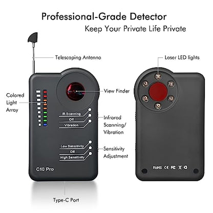 Detector de cámara C10 Pro – Detector profesional de RF Buscador de cámara oculta, barrendero antiespía, rastreador GPS, dispositivo de escucha, escáner de teléfono celular para interiores