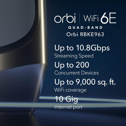 NETGEAR Orbi Quad-Band WiFi 6E Mesh System (RBKE963), enrutador con 2 extensores de satélite, cobertura de hasta 9000 pies cuadrados, 200 dispositivos, puerto de Internet de 10 gig, AXE11000 802.11