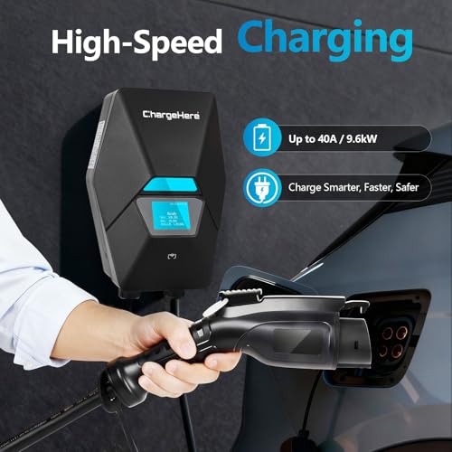 Cargador doméstico EV de nivel 2, 240 V, 32 A/40 A | Pantalla de velocidad de carga en tiempo real + luz de estado | Carga hasta 7 veces más rápida | Interior/exterior | CH-102-PARENT