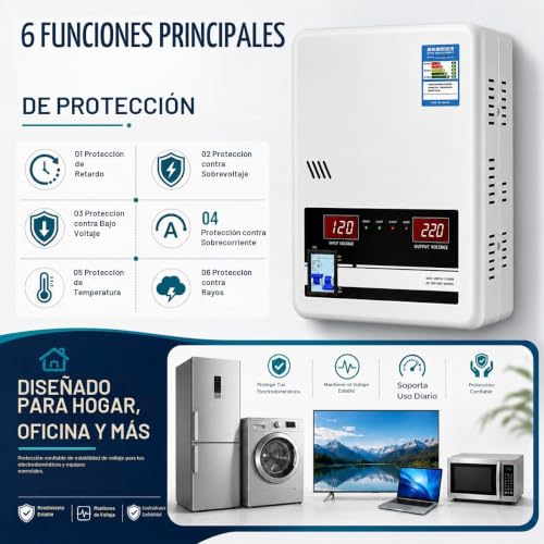 Estabilizador automático del voltaje, regulador de voltaje de CA del hogar Montado en la pared, pantalla LCD, bobina de cobre puro, 6 funciones de protección, entrada de 120-280 V