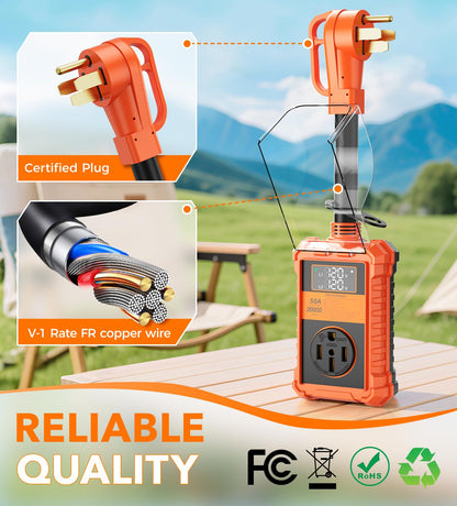 Protector contra sobretensiones RV de 50 amperios, 20000 julios, analizador de circuitos RV con pantalla LED, adaptador de enchufe para caravanas de viaje (50 A con pantalla LED)