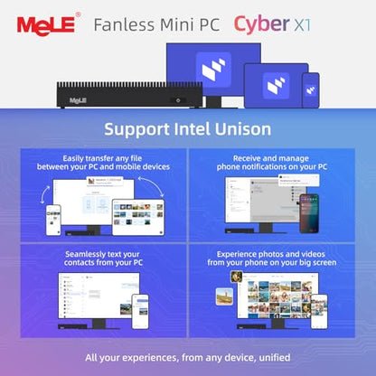 MeLE Mini PC Cyber X1 - N150, PC sin ventilador, 8GB RAM, 256GB de almacenamiento, Wi-Fi 2.4/5G, USB-C completamente funcional, escritorio de pantalla triple 4K para hogar, oficina, educación