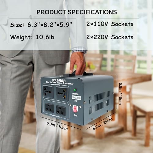 Yinleader Convertidor de voltaje Transformador de 3000 W Convertidor de potencia subida/abajo 110-120V a 220-240V/220-240V a 110-120V, con 2 tomacorrientes universales de EE. UU. y 2 salidas universales, protección de disyuntor YLG-3000