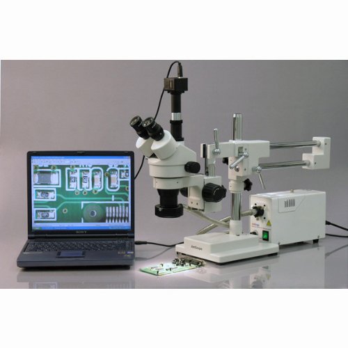 AmScope SM-4TP - Microscopio Profesional de Zoom estéreo trinocular con Control de Enfoque simultáneo, oculares WH10x, Aumento 7X-45X, Lente de Zoom 0.7X-4.5X, iluminación Ambiental, Soporte de Brazo