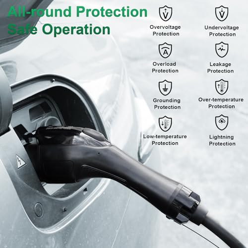 RUTU Cargador Ev de nivel 2 J1772, cargador Ev de nivel 2 de 48 amperios, cableado de hasta 11.5 Kw, cargadores eléctricos inteligentes para automóvil con cable flexible de 25 pies, estaciones de