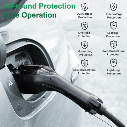 RUTU Cargador Ev de nivel 2 J1772, cargador Ev de nivel 2 de 48 amperios, cableado de hasta 11.5 Kw, cargadores eléctricos inteligentes para automóvil con cable flexible de 25 pies, estaciones de