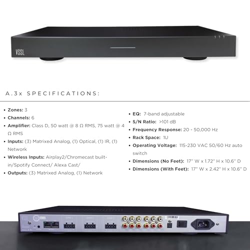 VSSL Amplificador de transmisión de audio A.3X de 6 canales, 3 zonas, compatible con AirPlay 2, Chromecast, Amazon Alexa, Spotify Connect, Bluetooth, amplificador de audio para todo el hogar de 6 canales, controlador de audio multihabitación # A.3x-UVG