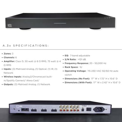 VSSL Amplificador de transmisión de audio A.3X de 6 canales, 3 zonas, compatible con AirPlay 2, Chromecast, Amazon Alexa, Spotify Connect, Bluetooth, amplificador de audio para todo el hogar de 6 canales, controlador de audio multihabitación # A.3x-UVG