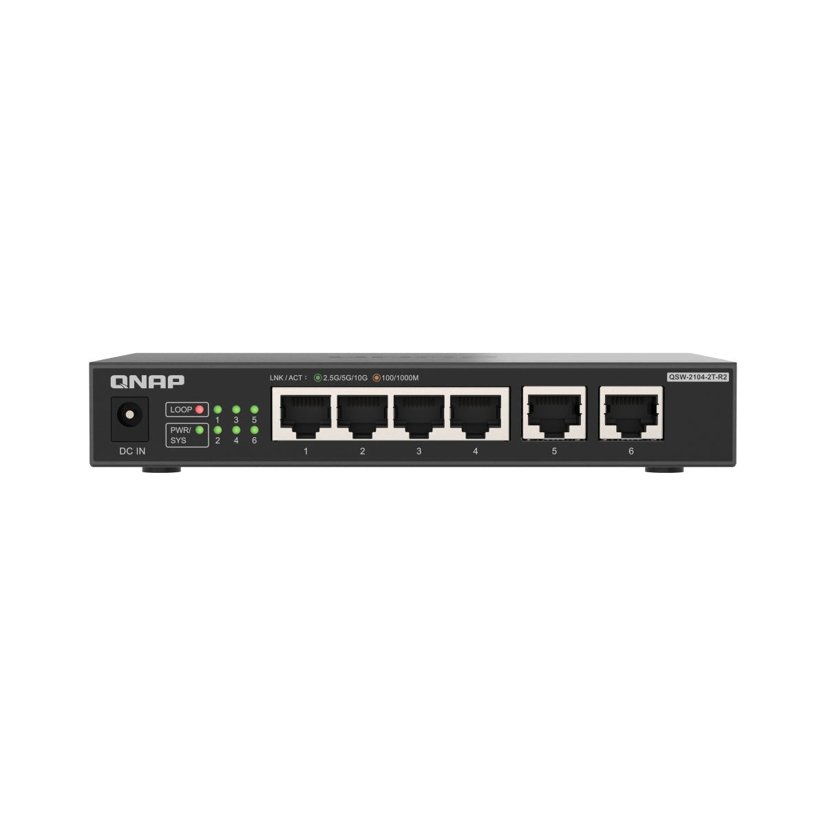 Switch no gestionado QNAP QSW-2104-2T-R2 de 4 puertos 2,5 GbE y 2 puertos 10 GbE QNQSW21042TR