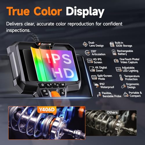 FOXWELL Elite - Boroscopio articulado de 2 vías de doble lente de 220°, sonda ultrafina de 0.25 pulgadas, pantalla IPS HD, impermeable IP67, cámara flexible para inspecciones automotrices, HVAC, fontanería e industriales de 5.3 pies