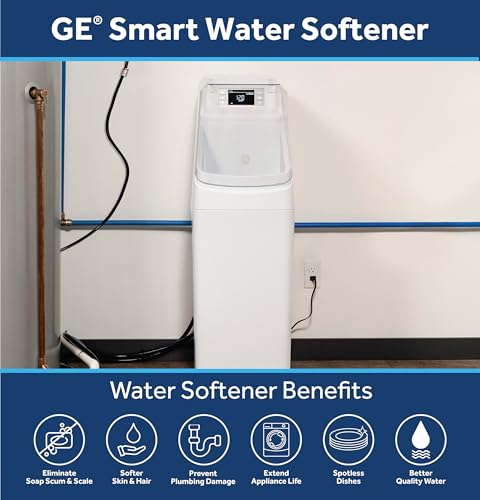GE GXMD30W Suavizador de agua inteligente con filtración integrada, 30,000 granos, reduce los minerales duros a toda la casa, WiFi integrado con alertas de flujo de agua, agua blanda para ducha, electrodomésticos y fontanería, GXMD30W