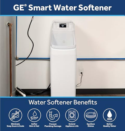 GE GXMD30W Suavizador de agua inteligente con filtración integrada, 30,000 granos, reduce los minerales duros a toda la casa, WiFi integrado con alertas de flujo de agua, agua blanda para ducha, electrodomésticos y fontanería, GXMD30W
