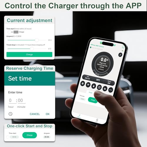 RUTU Cargador Ev de nivel 2 J1772, cargador Ev de nivel 2 de 48 amperios, cableado de hasta 11.5 Kw, cargadores eléctricos inteligentes para automóvil con cable flexible de 25 pies, estaciones de