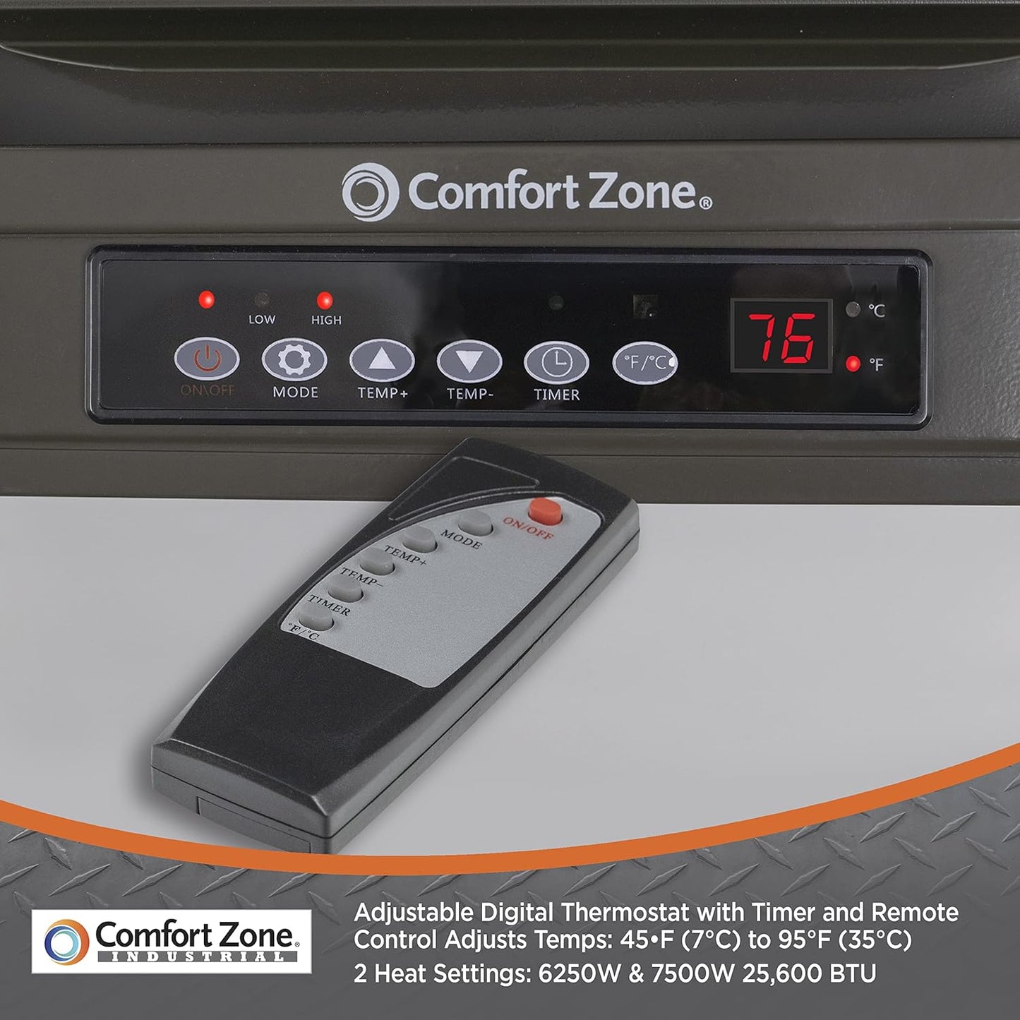 Comfort Zone - Calentador de espacio de cochera con cable duro para montaje en techo con mando a distancia, 7500w, 240voltios, forzado por ventilador, protección contra sobrecalentamiento,