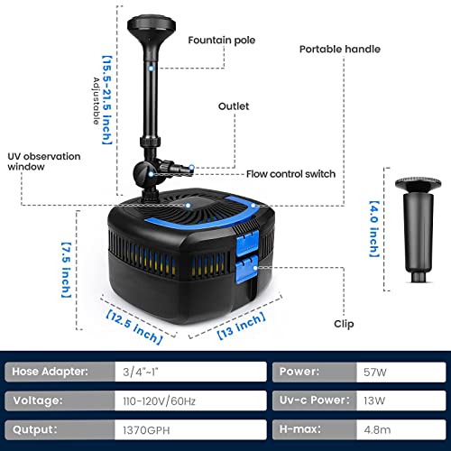 ANBULL Bomba de filtro de estanque de 1370 GPH, bomba de agua sumergible de fuente de 110 V/57 W, bomba de agua de filtro de alta eficiencia para estanques de hasta 2113 galones