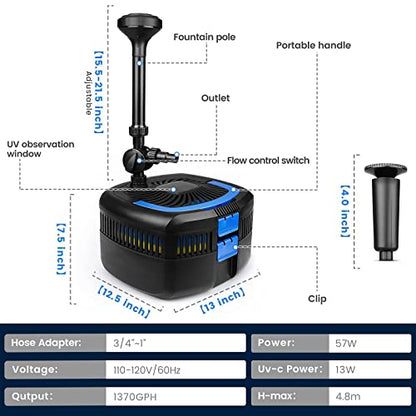 ANBULL Bomba de filtro de estanque de 1370 GPH, bomba de agua sumergible de fuente de 110 V/57 W, bomba de agua de filtro de alta eficiencia para estanques de hasta 2113 galones