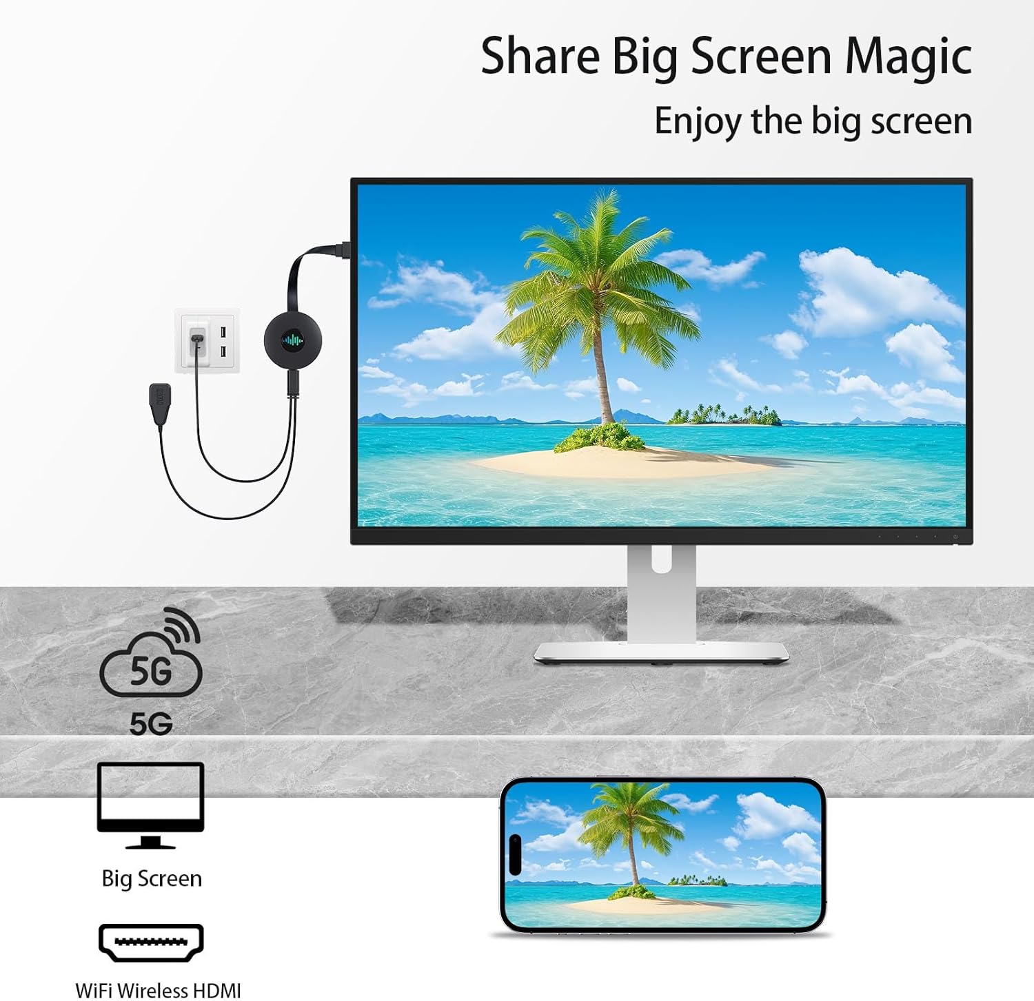 Adaptador de pantalla HDMI inalámbrico 5G, dongle Miracast 4K, espejo de pantalla para teléfono inteligente, Android, tableta, laptop, ventana a HDTV/monitor/proyector, DLNA compatible, Miracast