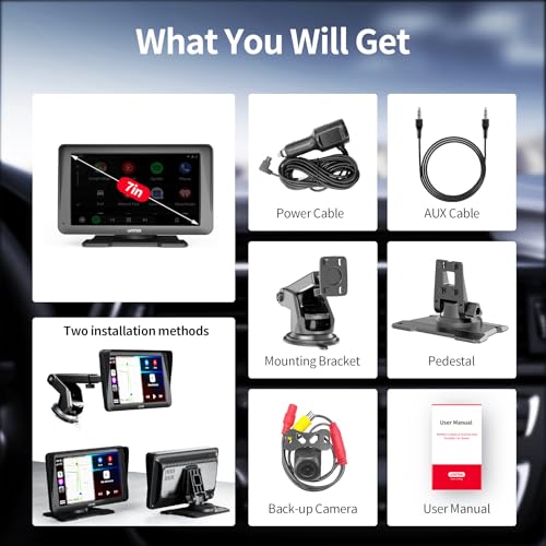 Unitek - Pantalla táctil portátil inalámbrica para coche, 7 pulgadas, compatible con Bluetooth, pantalla de Android y Apple Carplay para pantalla de coche para Carros con cámara de respaldo/navegador
