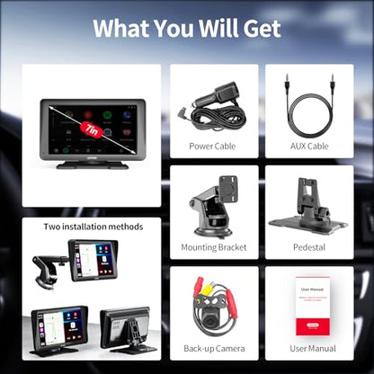 Unitek - Pantalla táctil portátil inalámbrica para coche, 7 pulgadas, compatible con Bluetooth, pantalla de Android y Apple Carplay para pantalla de coche para Carros con cámara de respaldo/navegador