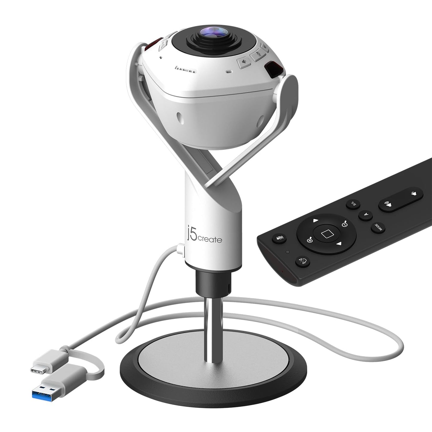j5create Cámara de sala de conferencias con tecnología de IA 360 con altavoz, seguimiento inteligente, marco automático, incluye un control remoto (JVU368)