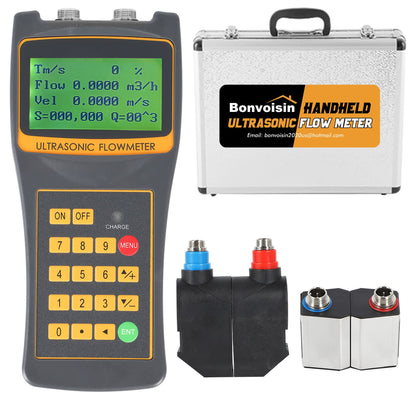 Bonvoisin Medidor de flujo ultrasónico de mano con abrazadera portátil en caudalímetro con salida de datos S1+M2 Sensores para agua de mar, alcohol, aguas residuales industriales DN15-27.559 in