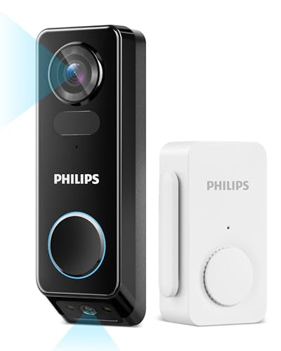 Cámara de timbre de video de seguridad Philips (timbre incluido), sin cuota mensual, cámaras duales 2K FHD con detección de movimiento, audio de 2 vías, compatible con Alexa y Google Assistant # DDA270X-2TXS
