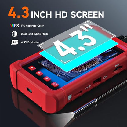Cámara endoscopio industrial de 0.154 in, cámara de inspección de boroscopio Oiwak HD 1080P pantalla IPS de 4.3 pulgadas, 6 luces LED, cable semirrígido, funda de transporte, cámara de serpiente de alcantarillado impermeable IP68 (5 pies)