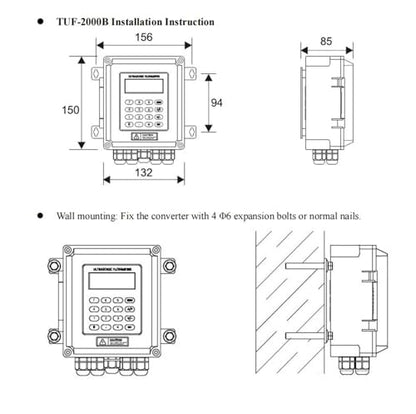 Caudalímetro ultrasónico de montaje en pared TUF-2000B con transductor de flujo (modelos TS-2, TM-1 o TL-1) para tuberías de cobre/PVC (DN50-DN700 mm); baja tasa de error, apto para uso en exteriores (modelo TM-1, DN50-700)