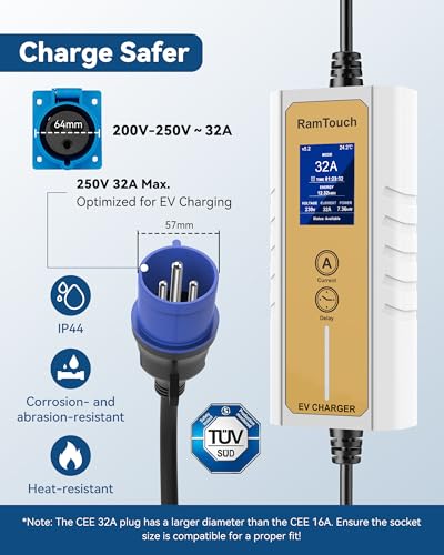 RamTouch Mobile Wallbox (7,4 kW, Tipo 2, Conector CEE 32 A, 6,5 m), Cargador EV con función de Carga Ajustable y planificada de 8 a 32 A, Cable de Carga Tipo 2, Compatible con vehículos eléctricos e