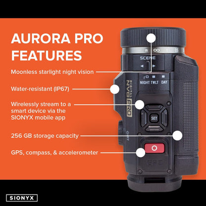 SiOnyx Aurora PRO - Cámara digital de visión nocturna a color y kits - Aurora PRO, WiFi, brújula y GPS, tarjeta MicroSD, funda protectora impermeable y más #C011300