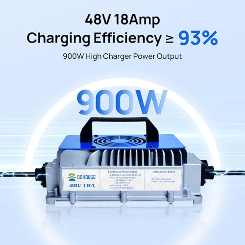 DC HOUSE Cargador de batería de litio de 48 V 18 A, cargador rápido de 900 W, eficiencia de carga ≥ 93%, IP65 resistente al agua anticaídas con ventilador de enfriamiento, adecuado para carrito de