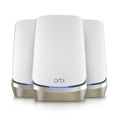 NETGEAR Orbi Quad-Band WiFi 6E Mesh System (RBKE963), enrutador con 2 extensores de satélite, cobertura de hasta 9000 pies cuadrados, 200 dispositivos, puerto de Internet de 10 gig, AXE11000 802.11