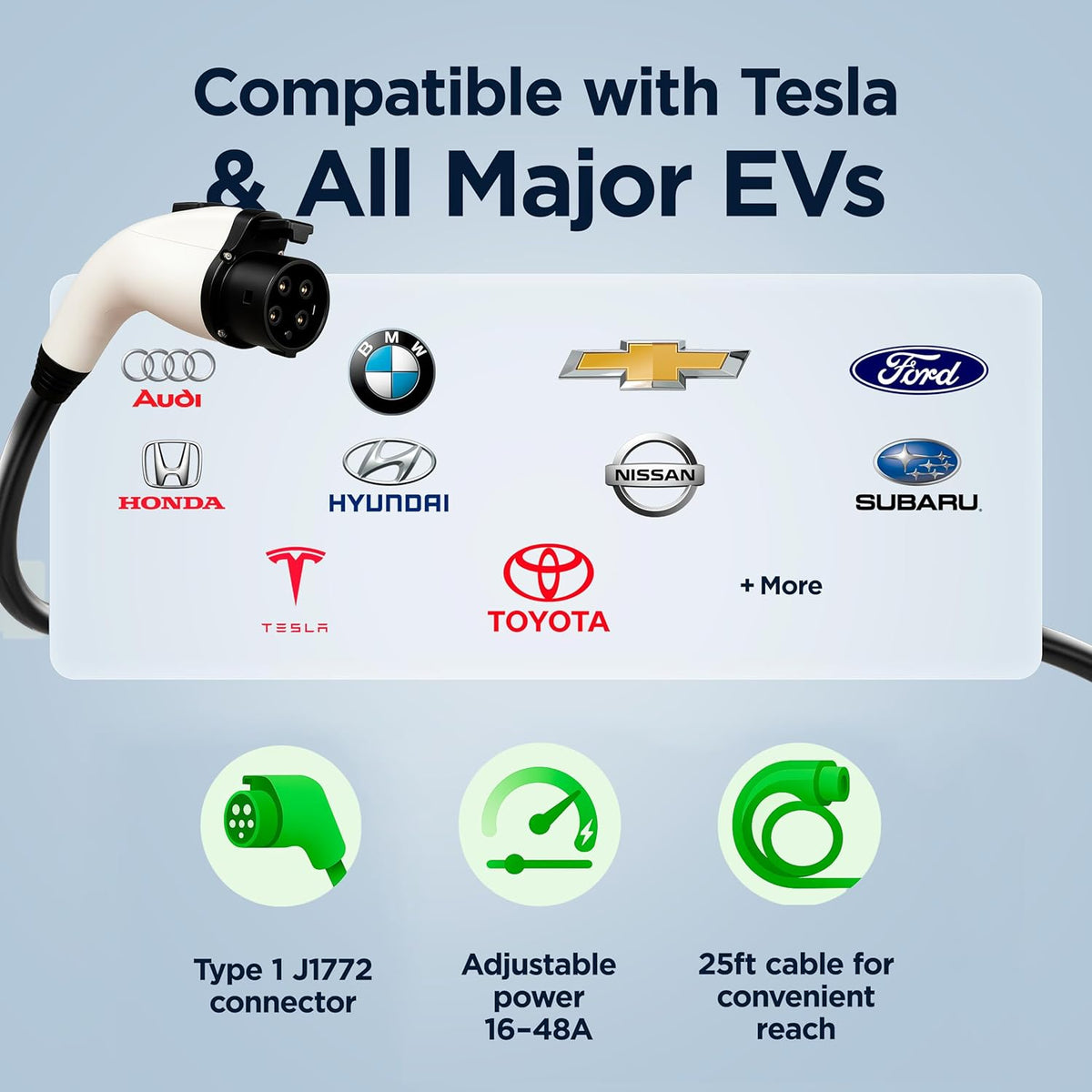 Cargador EV de Nivel 2 48A 11.5kW (40A 9.6 kW Enchufable) - Enchufe NEMA 14-50 Certificado UL con Cable Rígido SAE J1772 de 25' - Estación de Carga de Vehículos Eléctricos 240V con APP #ICACH50-S