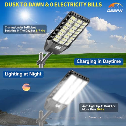 Deepn - Luces solares de calle para exteriores, 5000 W, luces solares de estacionamiento de 360000 lúmenes, luz de calle con energía solar, IP66, impermeable, sensor de movimiento al aire última