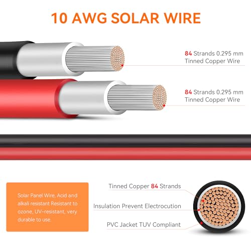 Temank 10AWG Cable de extensión solar de 65 pies, cable solar de calibre 10 cables de 65 pies, ambos extremos con conector solar para kits de techo, marina, RV y sistema solar de barco (rojo y negro)