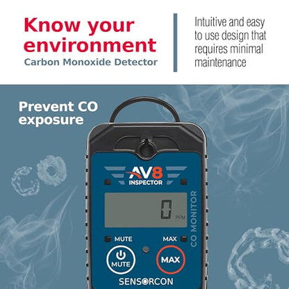 AV8 Inspector Detectores portátiles de monóxido de carbono para aviación - Monitor digital de monóxido de carbono de grado profesional con alarmas visuales y de audio